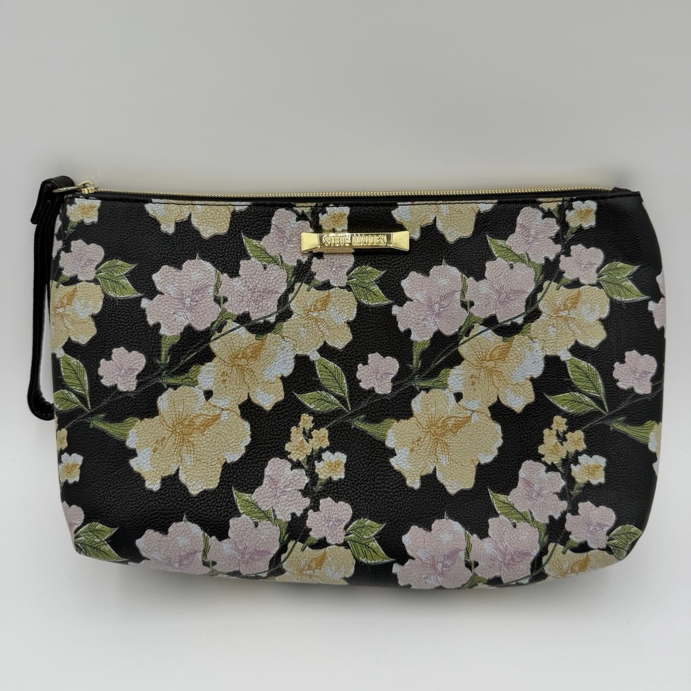 Steve Madden Floral Cosmetic Bag Clutch Black Zip Opening‎